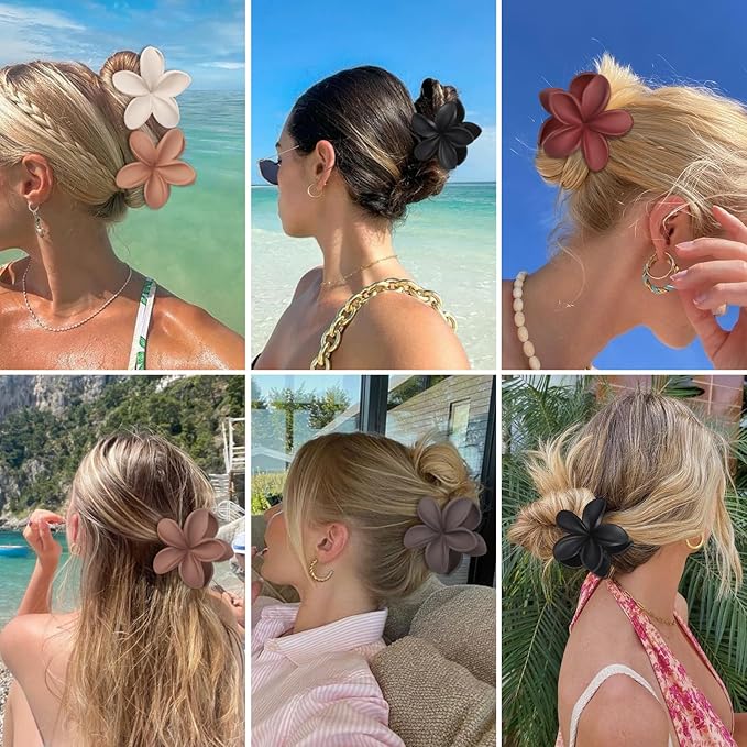 CHANDAT Flower Hair Clips 6 PCS Hawaiian Claw Clips for Vacation Hibiscus Hair Claw Cute Large Hair Clips for Thick and Thin Hair Plumeria Hair Accessories for Women Girls -Brown Scarlet