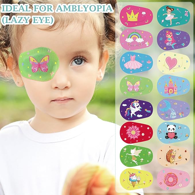 Timgle 48 Pcs Adhesive Eye Patches for Kids Girls 16 Styles Toddler Eye Patches Bulk Latex Free Light Blocking Fun Cute Designs Cotton Adhesive Bandages for Kids Toddler Girls Boys