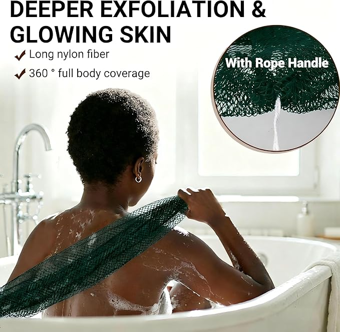 African Net Sponge Authentic for Exfoliating - Extra Knots for Deep Cleansing & Back Scrubbing - Body Scrubber Washcloth for Women & Men - Daily Shower Exfoliator for Smooth, Glowing Skin(Dark Green)