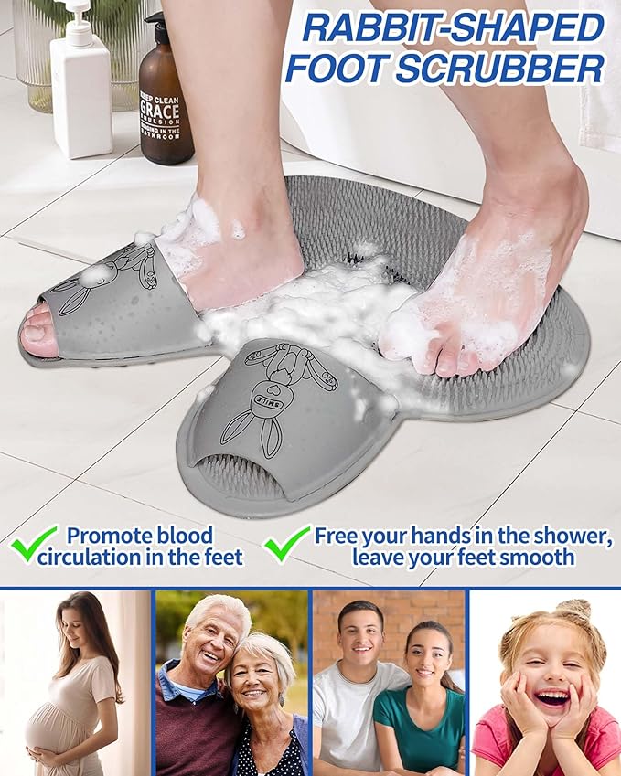 Manmihealth Extra-Large Shower Foot Scrubber Mat with Non-Slip Suction Cups, Rabbit-Shaped Silicone Foot Scrubber in Shower for Men & Women (Gray)
