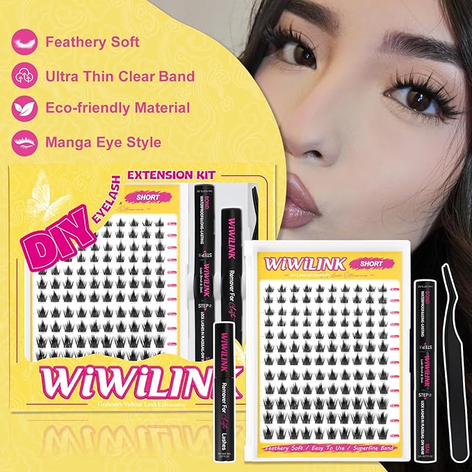 Manga Lash Clusters Kit 8-14mm Wispy Eyelash Clusters DIY Lash Extension Kit Waterproof Anime Lashes Spikes Thin Band 0.3mm Individual Cluster Eyelash Extensions, California Sunset Short-Kit