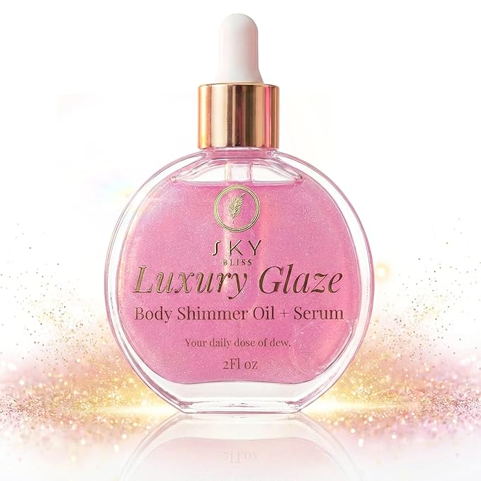 Sky Bliss Luxury Glaze Body Shimmer Oil + Serum – Pink-Gold Pearlescent Glow Oil with Jojoba & Argan Oil, Vitamin C & E – Glossy Dewy Finish for Radiant Skin – Dropper Applicator – 2 fl oz
