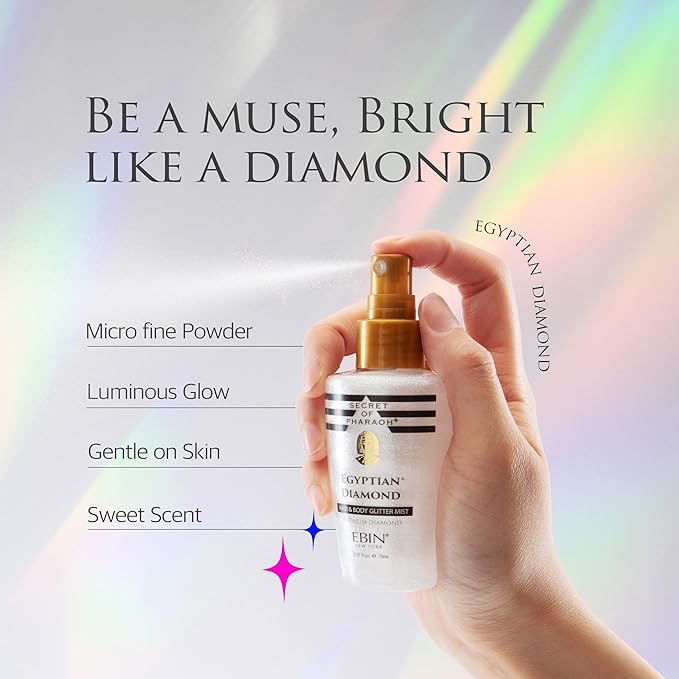 Egyptian Diamond Hair, Face & Body Glitter Mist - Platinum 2.37oz | Quick-Drying, Long-Lasting Shiny Spray for Clothes, Rave, Festival, Travel Essentials | TikTok Trend Items