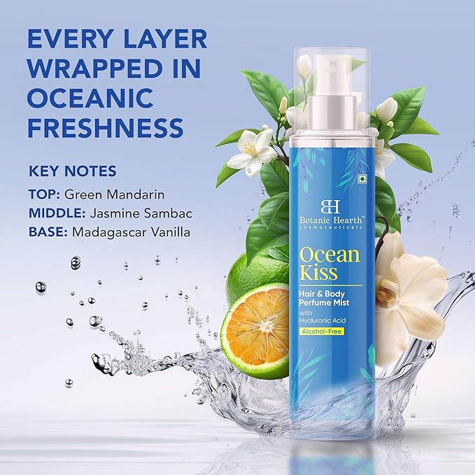 Botanic Hearth Ocean Kiss Hair Perfume & Body Mist, Long-Lasting Hair Deodorizer & Body Scent for Women & Men, Alcohol-Free Clean Fragrance Hair Spray For Everyday Wear, All Day Freshness, 3.4 Fl Oz