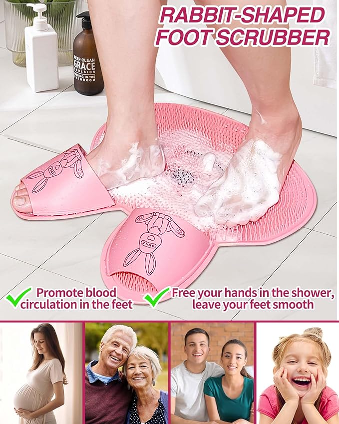 Manmihealth Extra-Large Shower Foot Scrubber Mat with Non-Slip Suction Cups, Rabbit-Shaped Silicone Foot Scrubber in Shower for Men & Women (Pink)