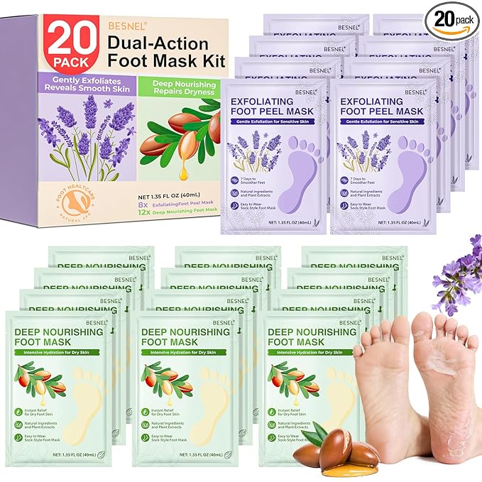 BESNEL 12Pack Moisturizing＆8Pack Foot Peeling Foot Mask, Teacher Appreciation Gifts, Hydrating Foot Masks Dry Cracked Feet,Soothing Moisturizer Socks Repair Rough Heels＆Baby Soft Feet(20p)