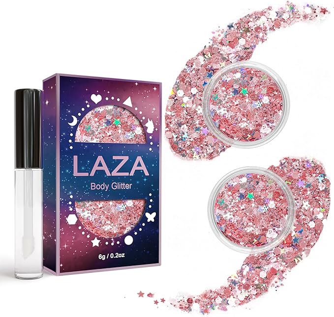 Laza Body Glitter,2 Jars Pink Holographic Chunky Sequins with Glitter Glue Perfect for Women Eyeshadow Makeup Face Paint Festival Rave Outfit Hair Accessories Carnival Party Costumes - Sakura Stardust