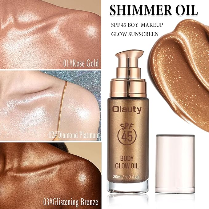 Shimmer Oil, SPF 45 Sunscreen Body Makeup Waterproof No Transfer Body Luminizer Lotion Glow for Women, Liquid Illuminator Bronzer, Long-lasting, Radiance Skin (01#Rose Gold)