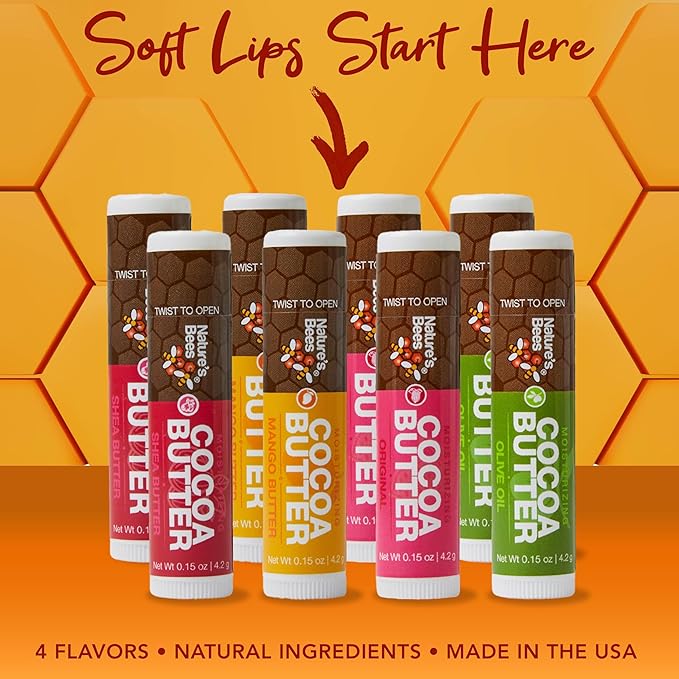 Nature's Bees, Cocoa Butter Flavored Lip Balm Tubes Set Bulk Assortment Chap Treatment Moisturizer For Dry Lips, Original Variety Assortment (Shea Butter, Original, Olive Oil, Mango Butter) - 48 Pack