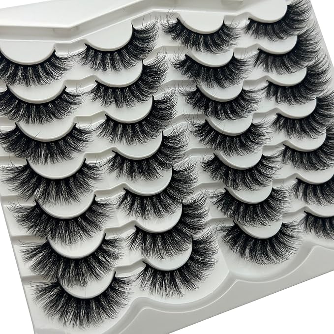 Mink Lashes Wispy Fluffy Cat Eye Strip Lashes Pack 3D Faux Mink Fake Eyelashes C Curl Long Volume Lash Strps Cateye False Eyelashes Natural Look