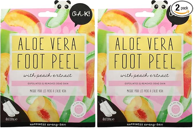 Oh K! Foot Peel Mask - Aloe Vera - Foot Peeling Mask for Dry Feet and Cracked Heels - Feet Exfoliant with Aloe Vera and Peach Extracts - 1 Pair (Pack of 2)
