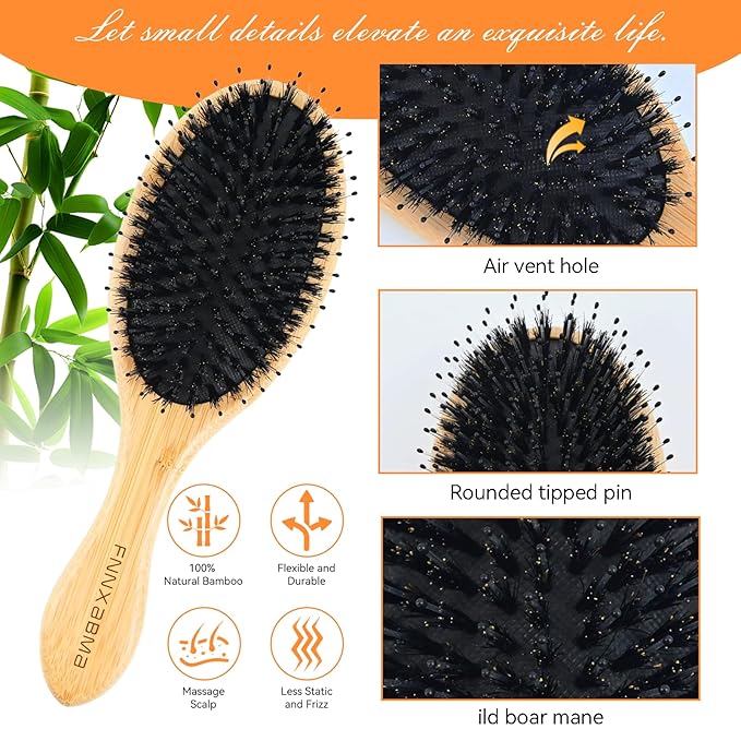Boar Bristle Hair Brush 2PCS - Smoothes & Detangles All Hair Types, Boar & Nylon Bristle，Smooths Frizz and Prevents Breakage in Fine and Straight, for Women Men and Kids