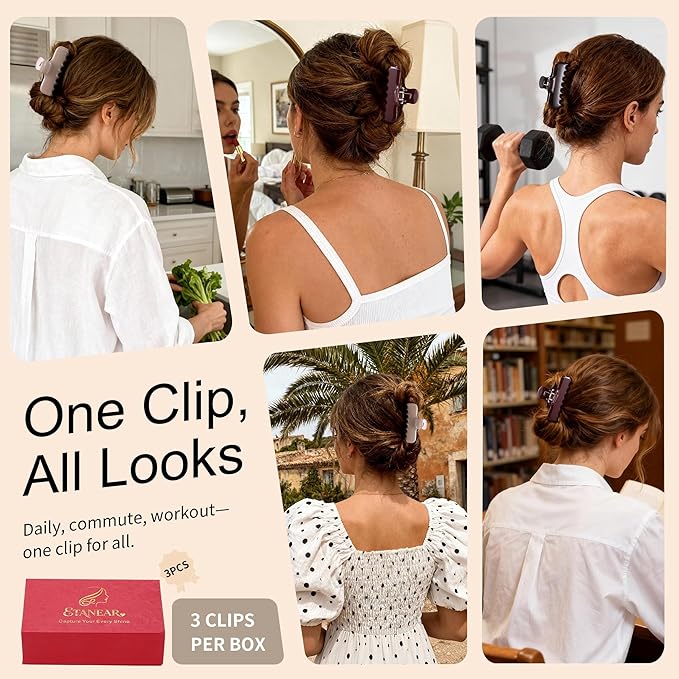 3Pcs Rectangle Hair Claw Clips for Women, 3.8" Premium PC Material Non-Slip Strong Hold Hair Claw for Thick Thin Hair, Durable Comfortable Jaw Clip Large Stylish Hair Accessories Gift Box Set
