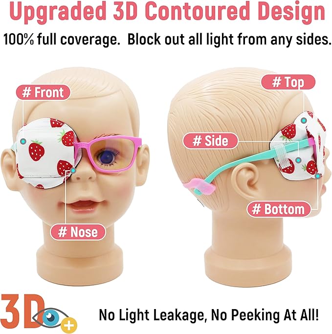 Astropic 3D Cotton & Silk Eye Patch for Kids | Girls Eye Patch for Glasses | Medical Eyepatch for Children with Lazy Eye (Strawberry, Right Eye)