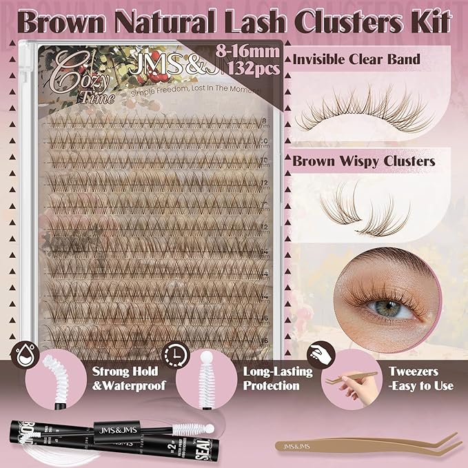 JMS&JMS Brown Lash Clusters Kit, Natural Lash Clusters Brown Eyelash Clusters Kit Clear Band C Curl Wispy Eyelash Extensions Kit With Waterproof Bond and Seal, Tweezers