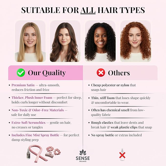 Heatless Curls Overnight Kit, 39" Satin Curling Rod – Frizz-Free No-Heat Waves for Long Hair, Comfortable to Sleep In, Includes 2 Scrunchies & Claw Clip (Lilac)