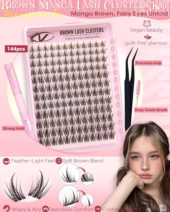 Dark Brown Manga Lash Clusters Kit Natural Wispy Eyelashes Cluster Kit Fairy Anime Cluster Eyelash Extensions C Curl 10-18mm Lashes Clusters Clean Band Individual Lashes with Brush