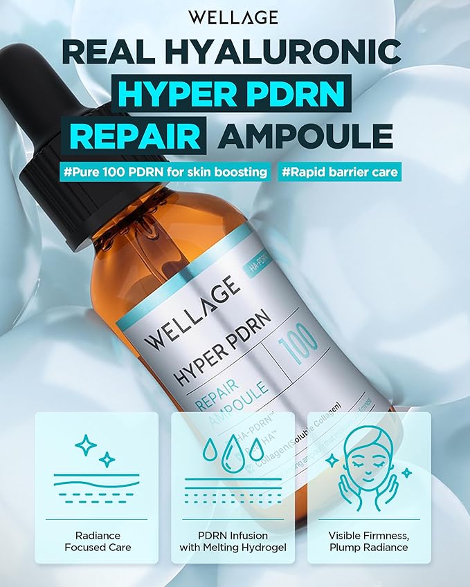WELLAGE Korean Hyper PDRN Repair Anti-Aging Serum Ampoule - Hyaluronic Acid, Collagen Elasticity Pore Care with Sodium DNA, Beta-Glucan and Panthenol, 1.01 fl.oz
