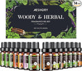 Woody & Herbal Essential Oils Set - TOP 14 Fragrance Oil for Diffusers, Aromatherapy, Candle Making - Sandalwood, Cedarwood, Teakwood, Vetiver Aromatherapy Scented Oils (5ml)