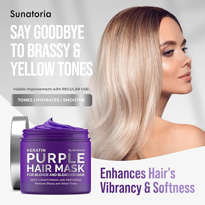 SUNATORIA Purple Hair Mask for Blonde & Bleached Hair, 2-in-1 Keratin Toning Conditioner for Brass Control, Helps Reduce Yellow Tones While Softening Dry Color-Treated Strands | 8.5 Fl Oz