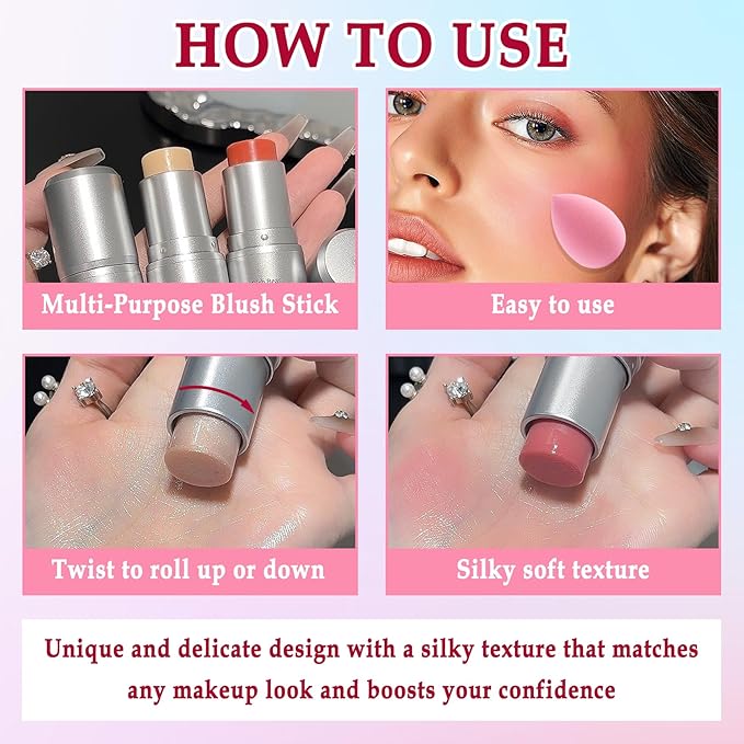 3 Colors Blush Stick,Solid Cream Blush,Multi-Use Highlighter Blush Stick for Cheeks,Lips and Eye,High Pigmented Blush Makeup Stick Set C