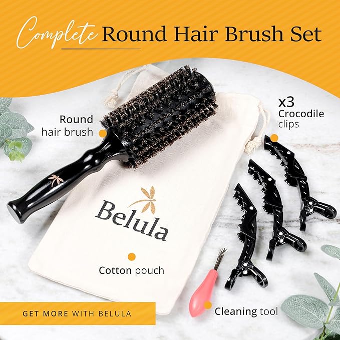 Belula 100% Soft Boar Bristle Round Brush for Blow Drying Set. Round Hair Brush With Large 2.4” Wooden Barrel. Hairbrush Ideal to Add Volume and Body. Free 3 x Hair Clips & Travel Bag