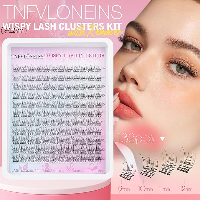 Wispy Lash Clusters Kit Natural Lash Extension Kit 9-12MM Cluster Eyelash Extensions Kit DIY Eyelash Extension Kit Individual Lashes Clusters Eyelash Extension with Lash Remover by TNFVLONEINS