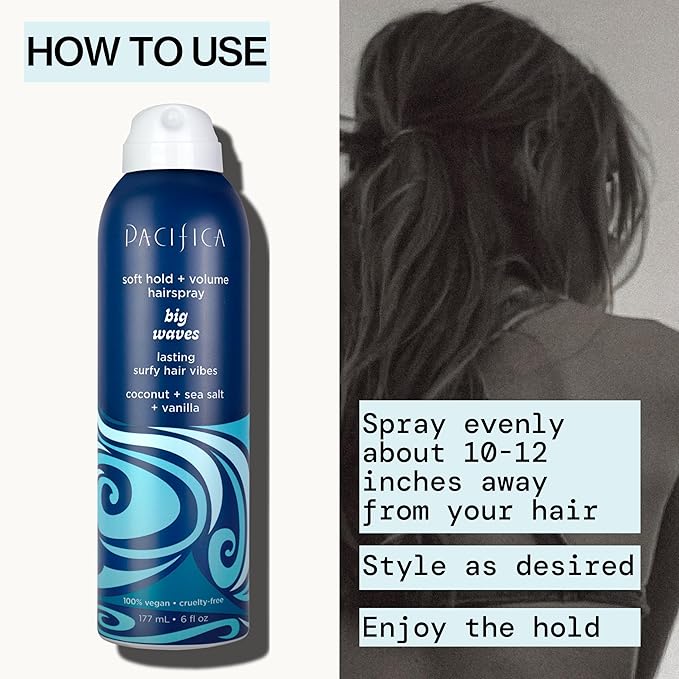 Pacifica Big Waves Coconut, Vanilla & Sea Salt Hairspray – Soft Hold Wavy Hair Texture Spray – Adds Volume & Controls Frizz, Travel Size Beach Hair Essential for Women – Vegan & Cruelty-Free – 6oz