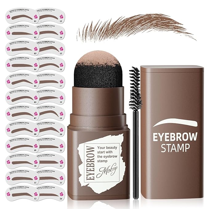 Eyebrow Stamp Stencil Kit - Eyebrow Powder with Brush Long-Lasting & Waterproof Brow Shaping Kit with 24 Reusable Thin & Thick Eyebrow Stencils for Natural Eyebrow Color (Medium Brown)