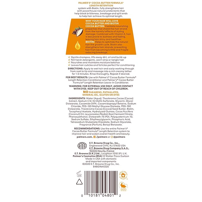 Palmer's, Cocoa Butter Formula Biotin Length Retention Shampoo, 13.5 Fl Oz (Pack of 2)