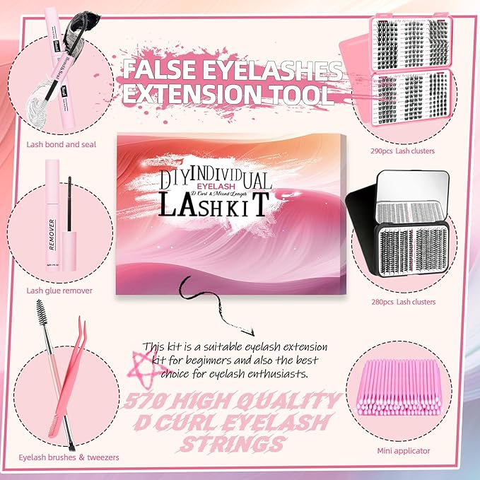 QUKLOGEN DIY Wispy Lash Extension Kit 570Pcs D Curl 6 styles Individual Lash Clusters Eyelash Extension with Lash Bond and Seal,Quick Glue Remover Tweezers Eyelash Brush Mini Applicator