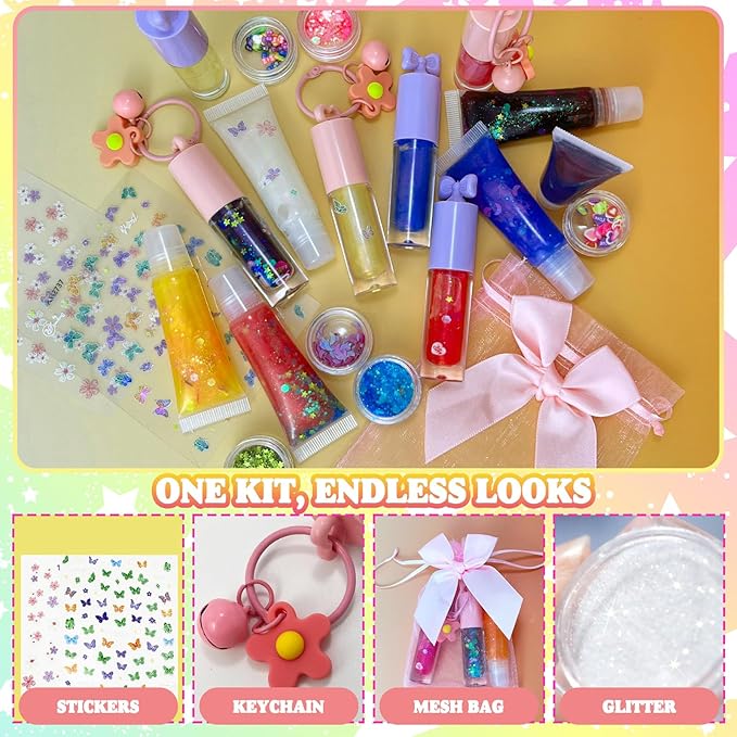 Thaluna Lip Gloss Making Kit, Lip Gloss Set for Women Lip Kit Fun DIY Lipgloss Making Kit, Make Your Own Lip Gloss Kit, Moisturizing Glitter Keychain Birthday Gifts Girls Trendy Stuff