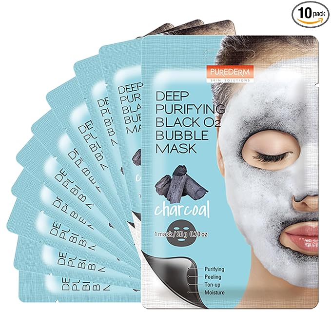 Purederm Deep Purifying Black O2 Bubble Mask Charcoal (10 Pack) – Bubble Face Sheet Mask for Purifying & Brightening