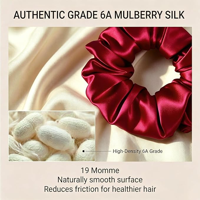 ZLYC 100% Mulberry Silk Scrunchie 19 Momme Gentle Creaseless Hair Tie for Women Dent-Free Ponytail Holder, 3.5cm Solid Burgundy
