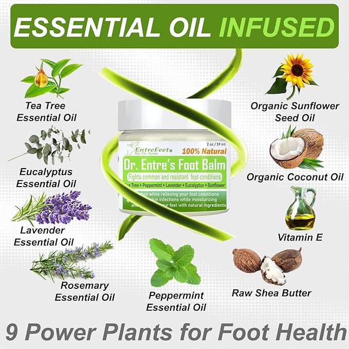 Dr. Entre's Foot Balm: Tea Tree Oil & Shea Butter Based - Organic Treatment Cream for Athletes Foot, Dry Feet, Cracked Heels, Itching, and Odor - Foot Care E-Book Included