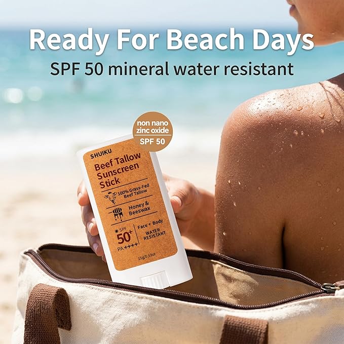 Beef Tallow Sunscreen Organic Stick SPF 50 – Non Nano Zinc Oxide Tallow-Based Mineral Sunscreen with Honey & Beeswax for Face & Body, Water-Resistant Natural Sunblock, 0.53 oz