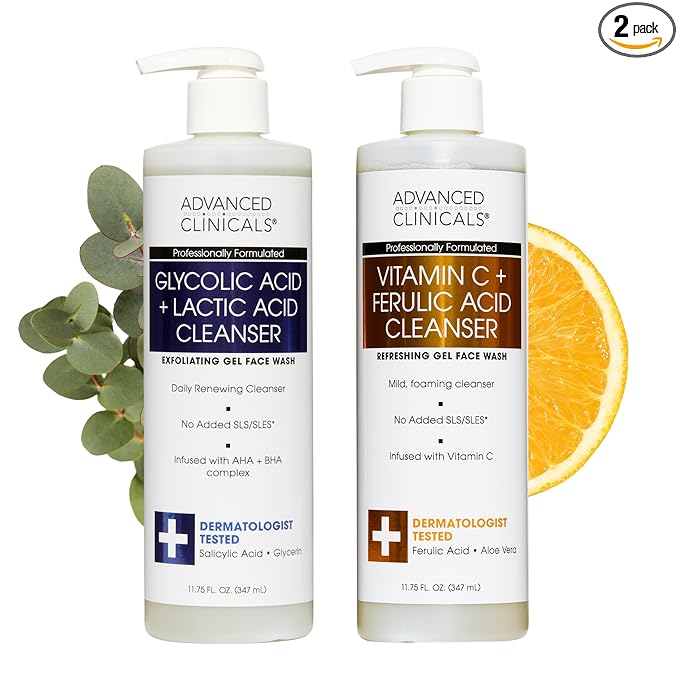 Advanced Clinicals Exfoliating Glycolic Acid & Salicylic Acid Face Wash + Hydrating Vitamin C Facial Cleanser 2pc AM/PM Skin Care Set For Women & Men To Gently Exfoliate & Cleanse Dirt & Oil, 2PC