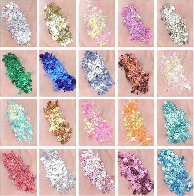 AROIC 40 Colors Body Glitter, Mardi Gras Accessories Hair Glitter for Kids Women Glow in The Dark, Eyeshadow Face Sparkles, Makeup Festivals, Raves, Cosplay, Concerts Face Paint St Patricks Day Gifts