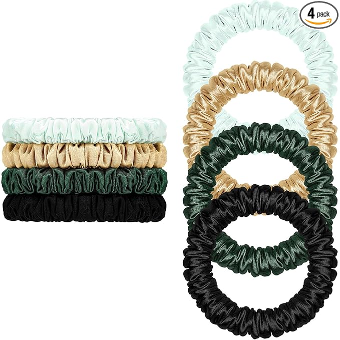 Scrunchies Hair Ties Silk Satin Scrunchy, WantGor Women 4PC Pure Mulberry Silk Skinny Elastic Scrunchies Hair Bands Bracelets Ponytail Holders Hair Accessories (Gold,Black,Green,Dark green)