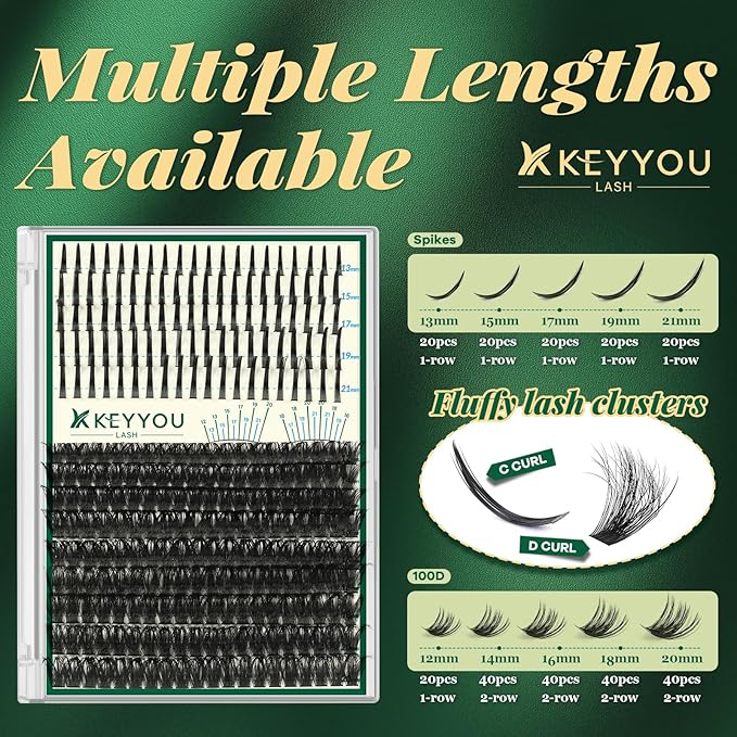 KEYYOU Lash Clusters 280Pcs Lash Spikes Eyelash Clusters Volume Individual Lashes DIY Spiky Lash Extension Cluster Eyelash Extensions(100D&Spikes-D-12-20MIX+13-21MIX)