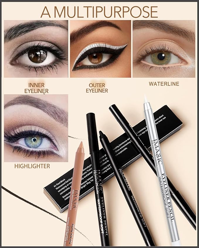 Nude Beige Black White Water Line Gel Eyeliner Pencil-3Pcs Waterproof Longlasting Cream Eye Liner Waterline Brightener Pen, Smooth Easy-to-Sharpen Pencil,Thanksgiving Eye Makeup Gift Set for Girl