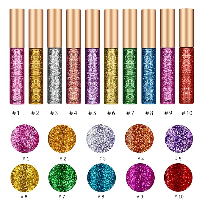 Ownest 10 Colors Liquid Glitter Eyeliner Set, Metallic Shimmer Glitter Eyeshadow, Long Lasting Waterproof Shimmer Sparkling Liquid Eyeliner Eye Shadow-10pcs, Mothers Day Gift