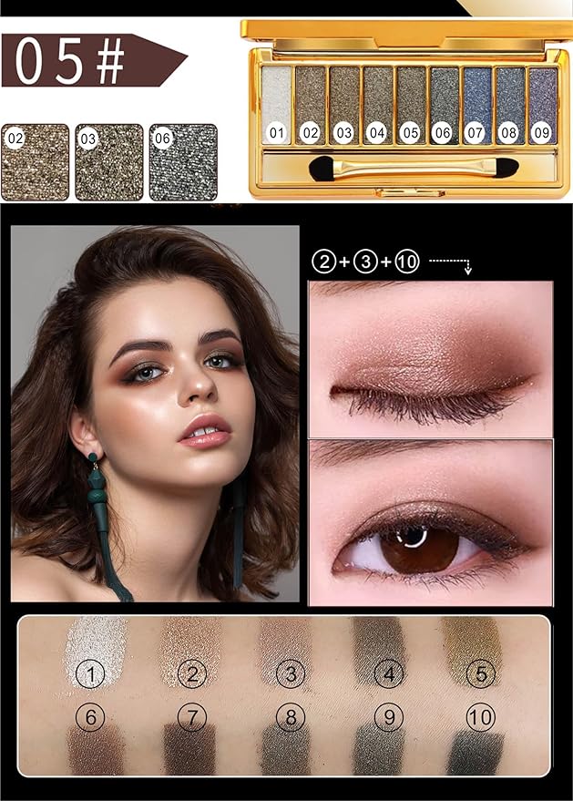 Glitter Eyeshadow Palette, 9 Colors Sparkle Shimmer and Matte Eye Shadow, Highly Pigmented Waterproof Long Lasting Makeup Set (Color 5)