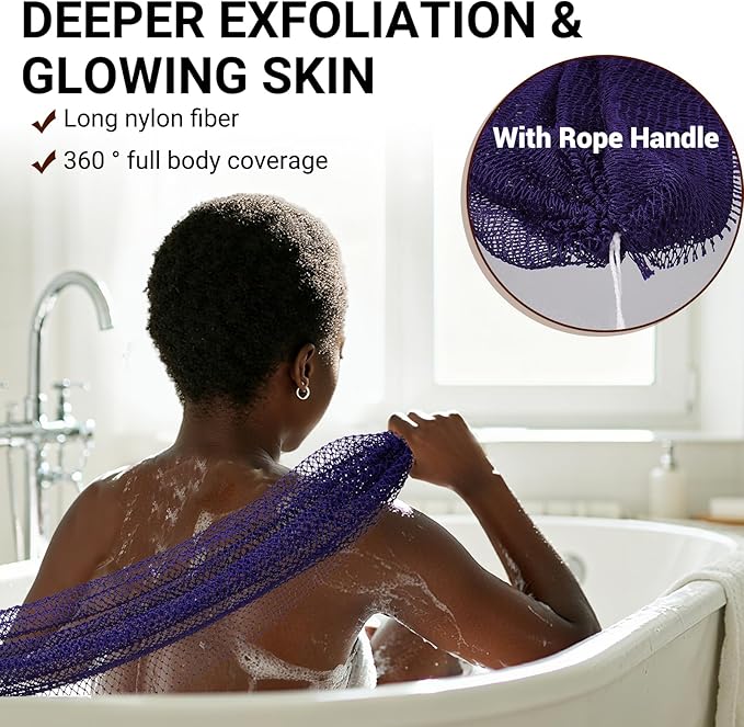 African Net Sponge Authentic for Exfoliating - Extra Knots for Deep Cleansing & Back Scrubbing - Body Scrubber Washcloth for Women & Men - Daily Shower Exfoliator for Smooth, Glowing Skin(Purple)