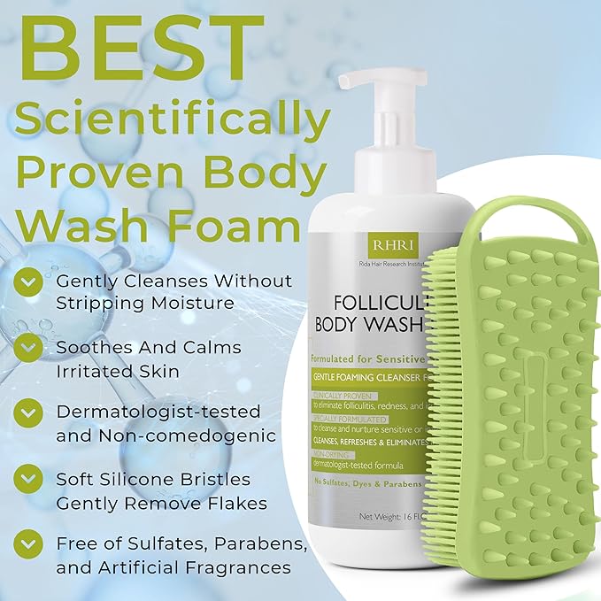 Folliculitis Treatment Folliculitis Body Wash Sensitive Skin | Foaming Cleanser for Redness & Irritation with No Sulfates, Dyes or Parabens | Body Wash Includes Bonus Scrubber Brush