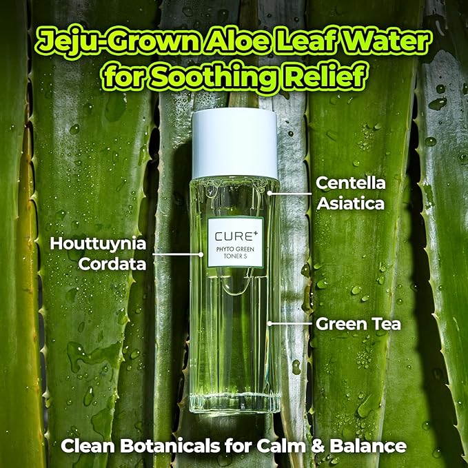 Cure Phyto Green Toner Essence with Aloe Vera & Green Tea, Soothing Korean Face Toner for Sensitive Skin, Alcohol-Free Hydrating Formula, 4.4 fl oz. Kim Jeong Moon Aloe