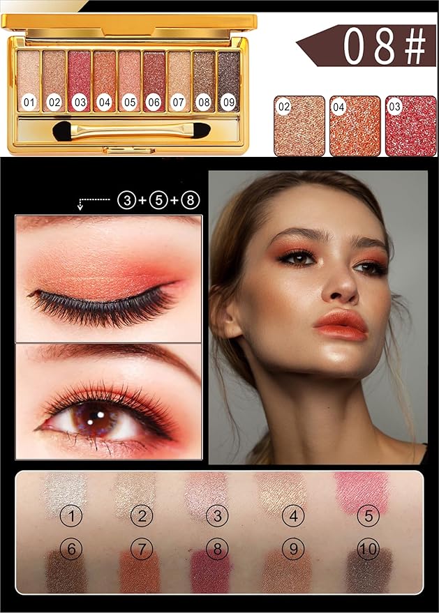 Glitter Eyeshadow Palette, 9 Colors Sparkle Shimmer and Matte Eye Shadow, Highly Pigmented Waterproof Long Lasting Makeup Set (Color 8)