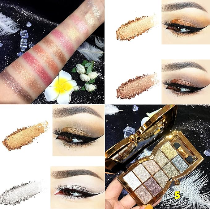 Bernecy Glitter Eyeshadow Palette,10 Colors Sparkle Shimmer Eye Shadow Highly Pigmented Long Lasting Makeup Set Gold (Type 5), Small