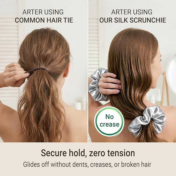 ZLYC 100% Mulberry Silk Hair Tie Scrunchie 19 Momme Gentle Creaseless Dent-Free Ponytail Holder for Women, 6cm Solid Sliver
