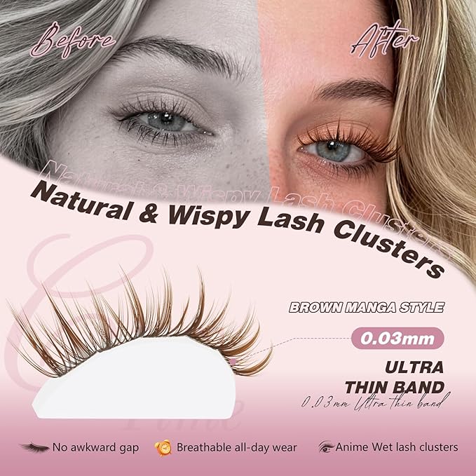 JMS&JMS Brown Lash Clusters Wispy Eyelash Clusters with Spikes Natural Lash Extensions Brown Manga Lashes 8-16mm Cluster Eyelashes Extensions C-Curly Anime Eye Lashes